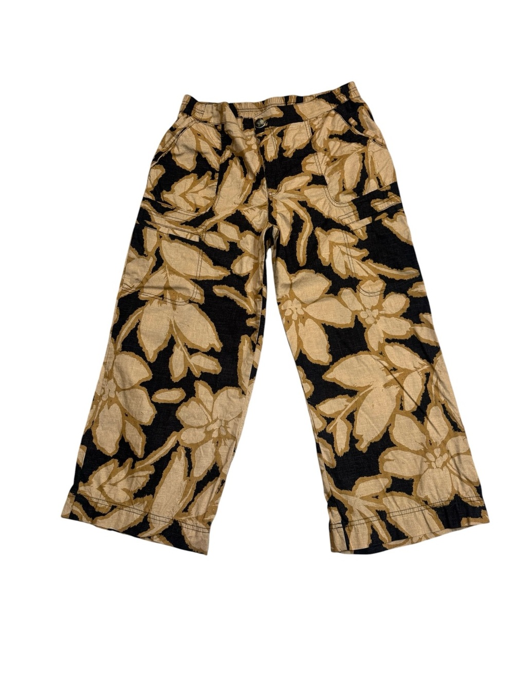 Democracy Floral Wide Leg Crop Pants Black Tan Beige Size 12 - Picture 6 of 9